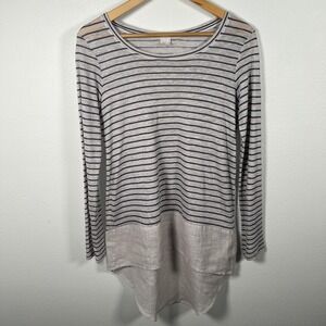 120 Lino Linen Long Sleeve Top Women XS Striped Resort Casual Cruise Preppy Gray